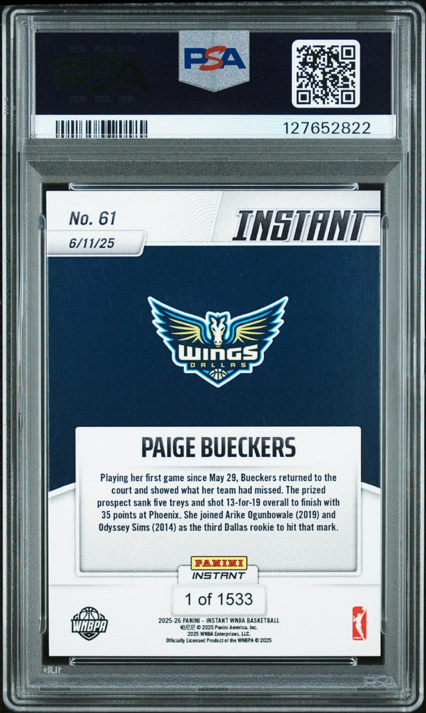Graded 2025 Panini Instant WNBA Paige Bueckers #61 Rookie RC Basketball Card PSA 10 Gem Mint