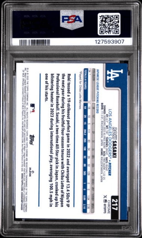Graded 2025 Topps Chrome Roki Sasaki #217 Raywave Rookie RC Baseball Card PSA 10 Gem Mint