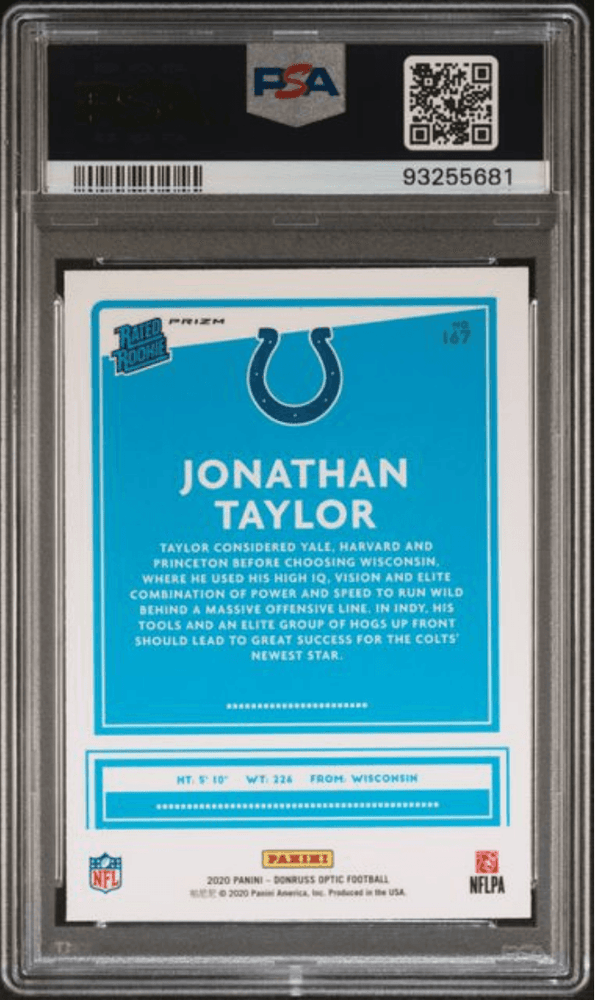 Graded 2020 Panini Donruss Optic Jonathan Taylor #167 Green Velocity Rookie RC Football Card PSA 10 Gem Mint