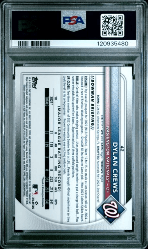 Graded 2025 Topps Bowman Mega Box Dylan Crews #42 Purple Refractor /250 Rookie RC Baseball Card PSA 10 Gem Mint