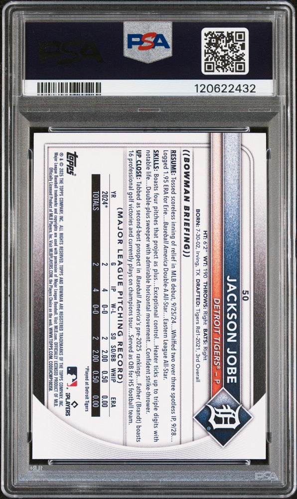 Graded 2025 Topps Bowman Jackson Jobe #50 Rookie RC Baseball Card PSA 10 Gem Mint