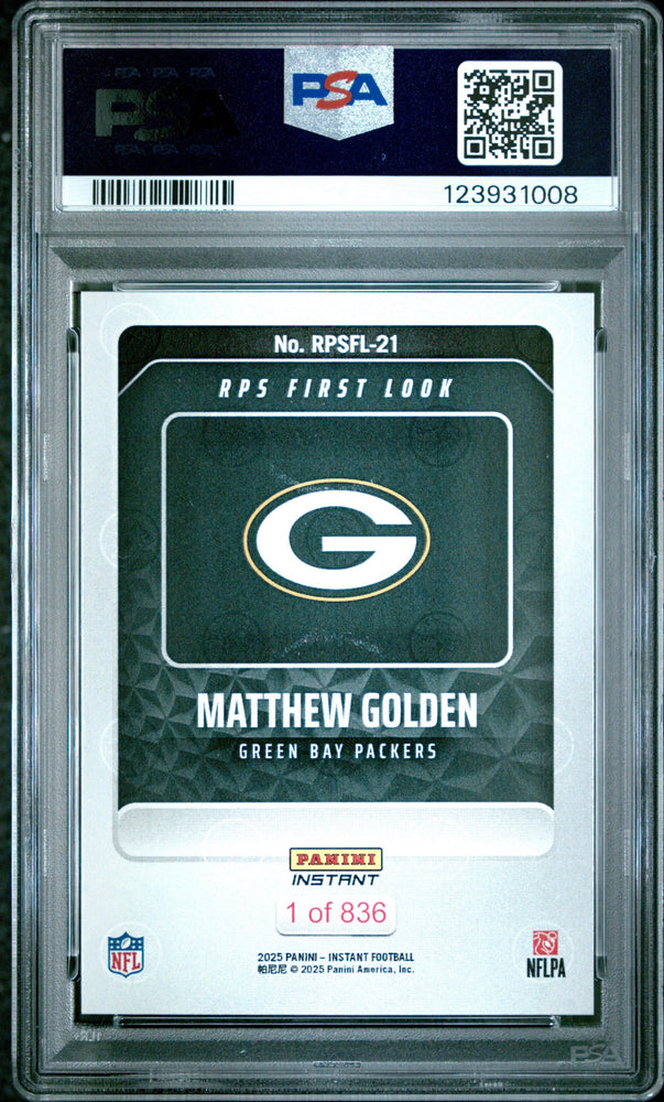 Graded 2025 Panini Instant Matthew Golden #RPSFL21 RPS First Look Rookie RC Football Card PSA 10 Gem Mint