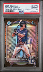 Graded 2025 Topps Bowman Charlie Condon #BCP75 Chrome Prospects Reptilian Refractor Rookie RC Baseball Card PSA 10 Gem Mint
