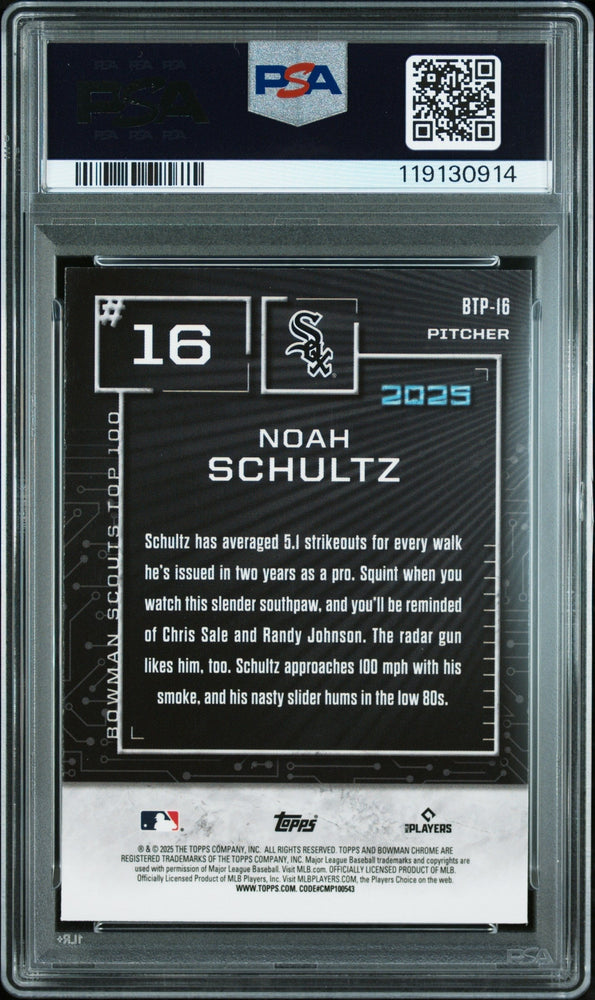 Graded 2025 Topps Bowman Noah Schultz #BTP16 Scouts Top 100 Mini Diamond /150 Rookie RC Baseball Card PSA 10 Gem Mint