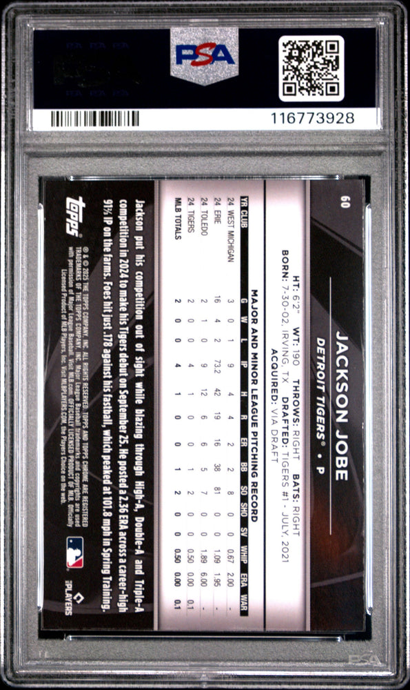 Graded 2025 Topps Chrome Black Jackson Jobe #60 Rookie RC Baseball Card PSA 10 Gem Mint