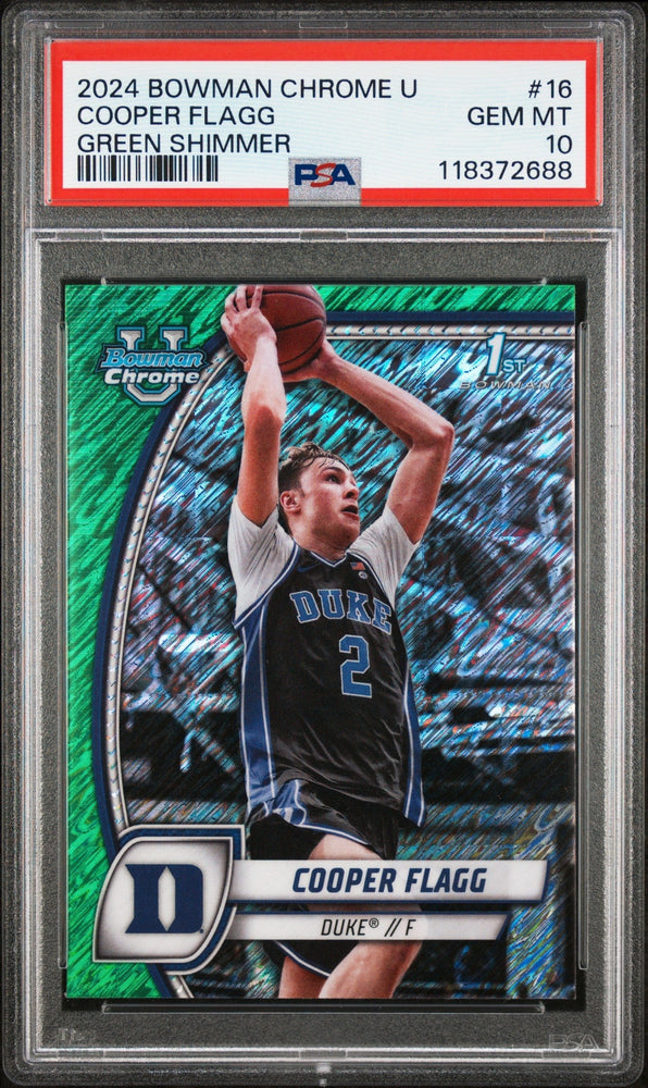 Graded 2024 Topps Bowman Chrome U Cooper Flagg #16 Green Shimmer Rookie RC Basketball Card PSA 10 Gem Mint