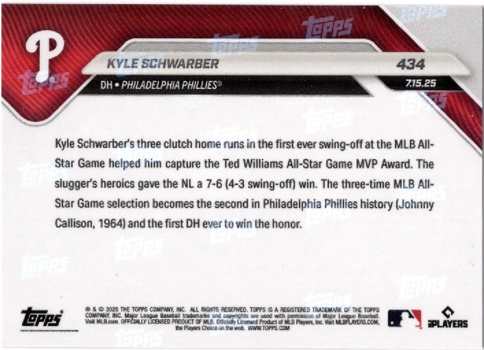 2025 Topps Now Kyle Schwarber #434 Orange Foil /25 Philadelphia Phillies Baseball Card