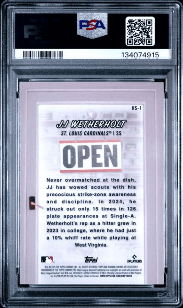 Graded 2025 Topps Bowman JJ Wetherholt #HS1 Hobby Stars Rookie RC Baseball Card PSA 10 Gem Mint (ONLINE ORDER ONLY)