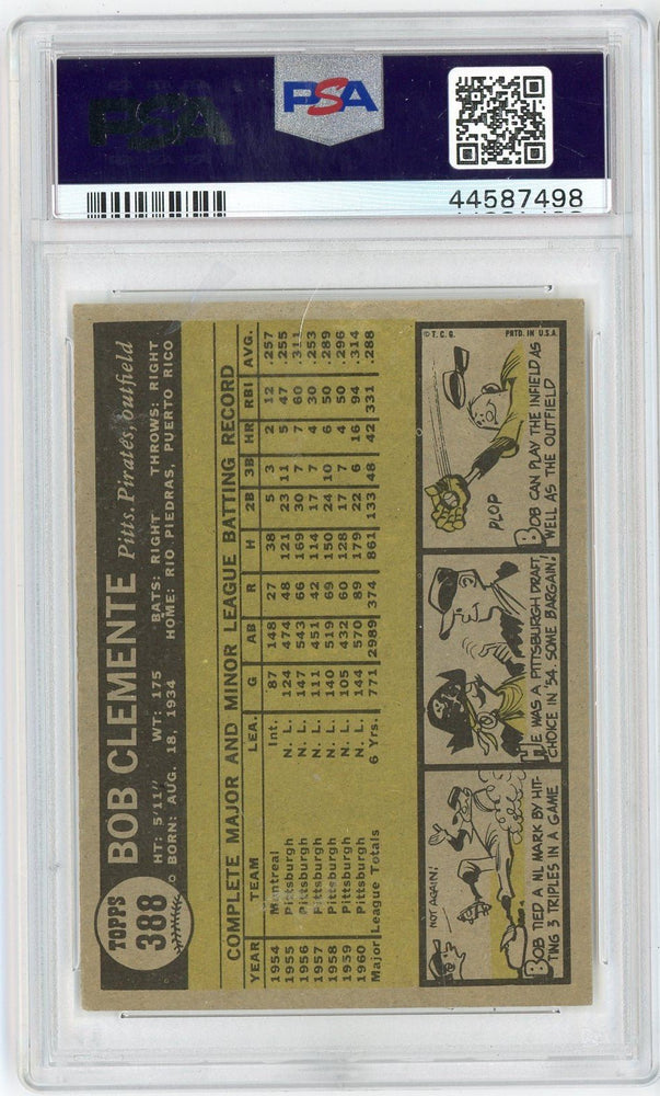 Graded 1961 Topps Bob Roberto Clemente #388 Baseball Card PSA 6 EX-MT
