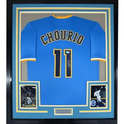 Framed Autographed/Signed Jackson Chourio 35x39 Milwaukee Blue Baseball Jersey Beckett BAS COA