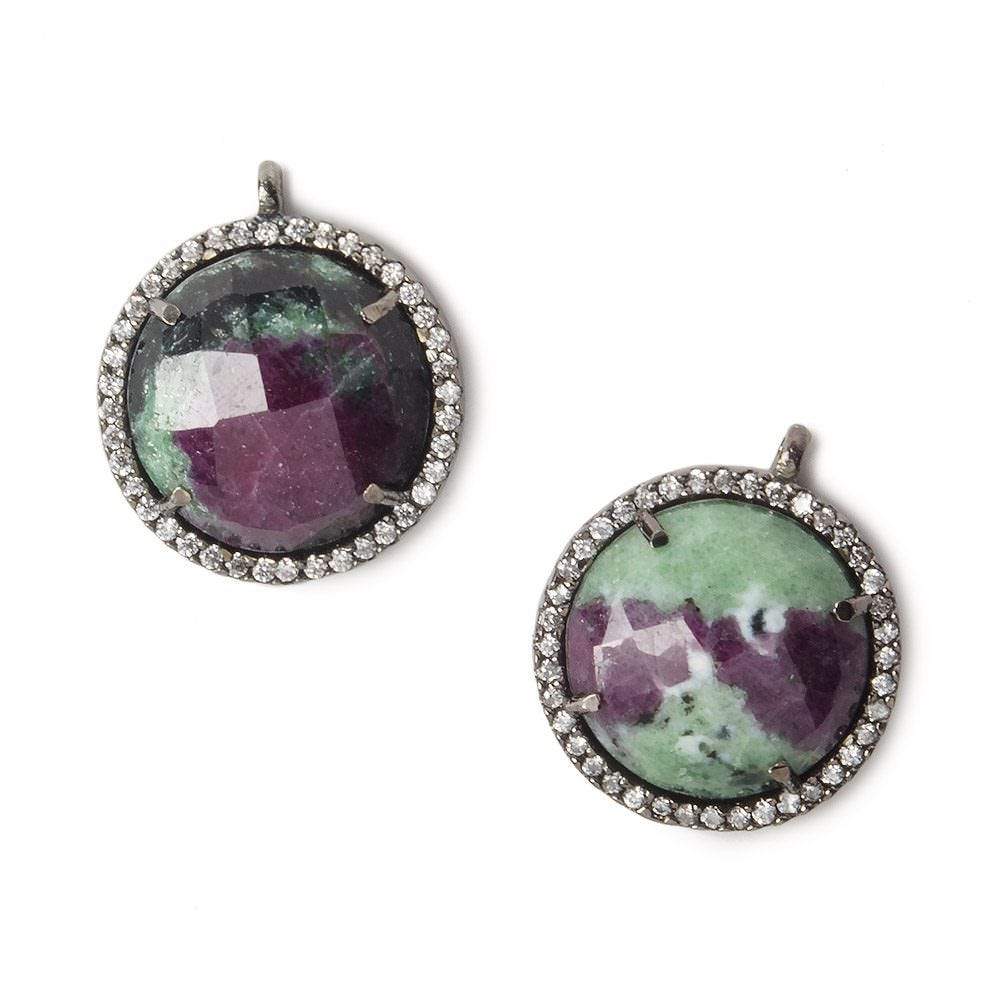 17mm Black Gold Bezel White CZ and Ruby in Zoisite Coin Pendant 1 focal bead (ONLINE ORDER ONLY)