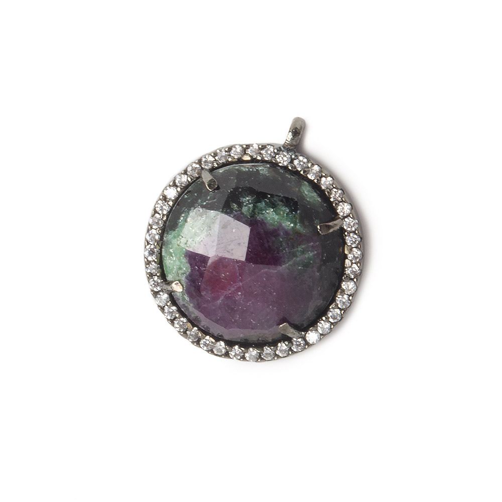 17mm Black Gold Bezel White CZ and Ruby in Zoisite Coin Pendant 1 focal bead (ONLINE ORDER ONLY)
