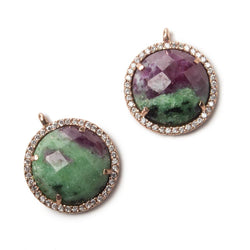 17mm Rose Gold Bezel White CZ and Ruby in Zoisite Coin Pendant 1 focal bead (ONLINE ORDER ONLY)