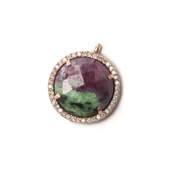 17mm Rose Gold Bezel White CZ and Ruby in Zoisite Coin Pendant 1 focal bead (ONLINE ORDER ONLY)