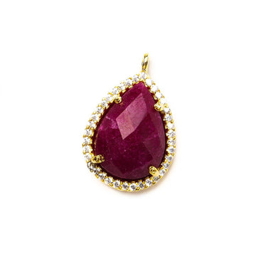 17x13mm Gold Bezeled White CZ and Red Aventurine Pear Pendant 1 piece (ONLINE ORDER ONLY)