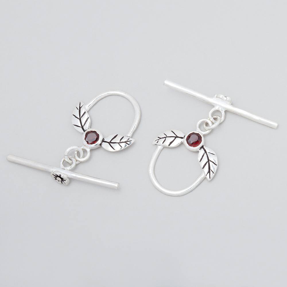 17x18mm Antiqued Sterling Silver Toggle with Leaves and Garnet 1 piece (ONLINE ORDER ONLY)