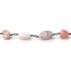7x7-11x7mm Pink Peruvian Opal Plain Nuggets on Black Gold plated Chain