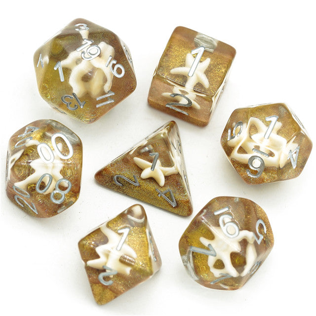 White Starfish Dice on Gold 7-Dice Set Resin Dungeons and Dragons Dice (Online Only)