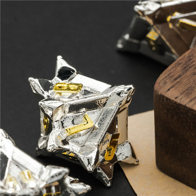White w/Gold Pinwheel Strengthened Metal 7-Dice Set | Metal DND Dice (Online Only)