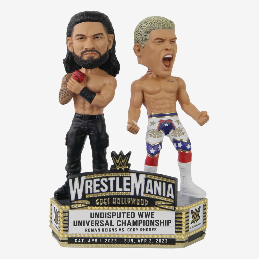 Roman Reigns & Cody Rhodes Wrestlemania 39 Undisputed WWE Universal Championship Mini Bobblehead Scene WWE Bobblehead (ONLINE ORDER ONLY)