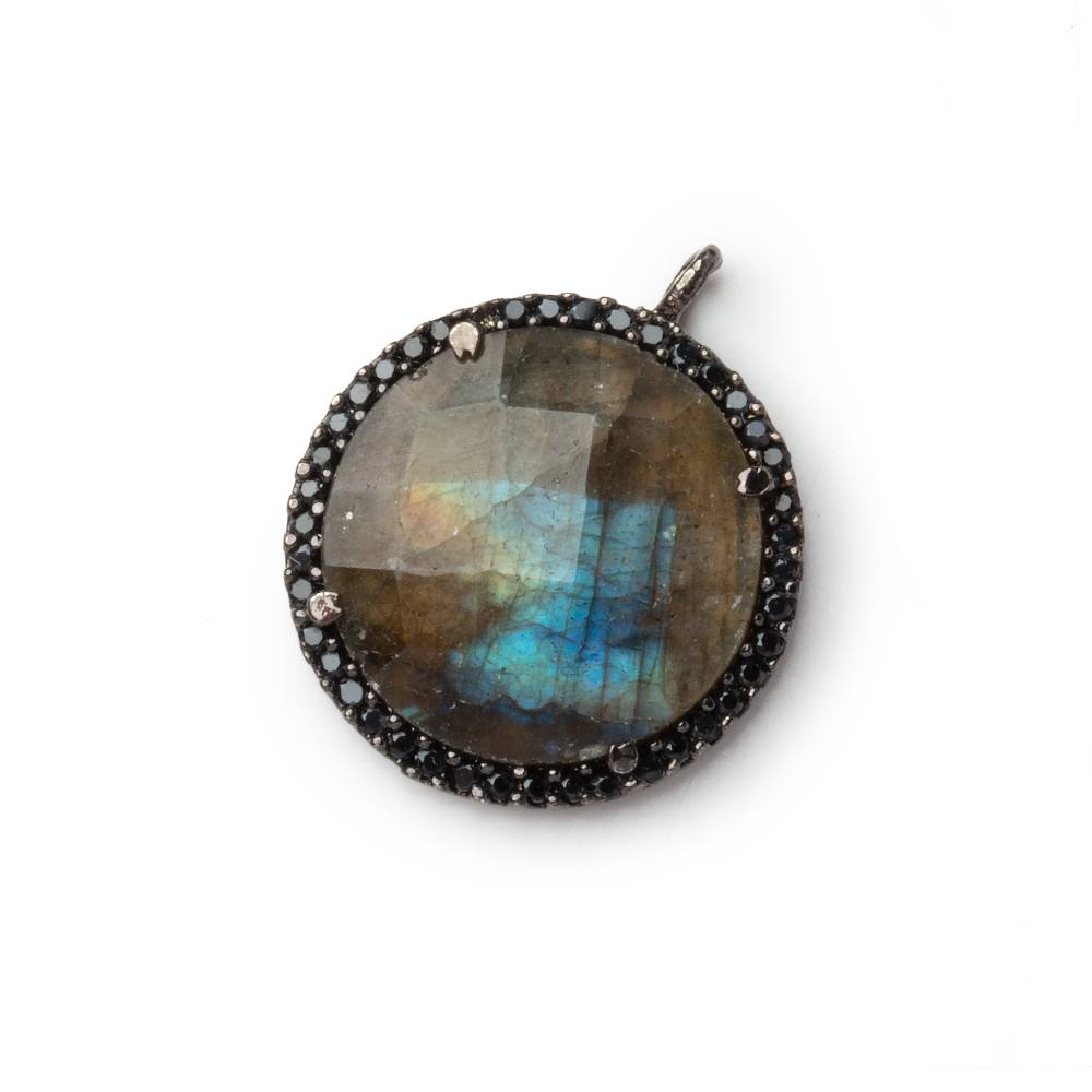 19mm Black Gold & Black CZ Bezel Labradorite Coin Pendant 1 Focal (ONLINE ORDER ONLY)