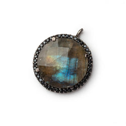 19mm Black Gold & Black CZ Bezel Labradorite Coin Pendant 1 Focal (ONLINE ORDER ONLY)