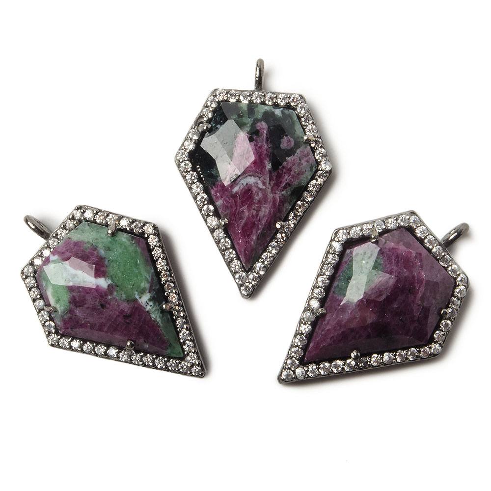 19x17mm Black Gold Bezel White CZ and Ruby in Zoisite Modified Shield Pendant 1 focal piece (ONLINE ORDER ONLY)