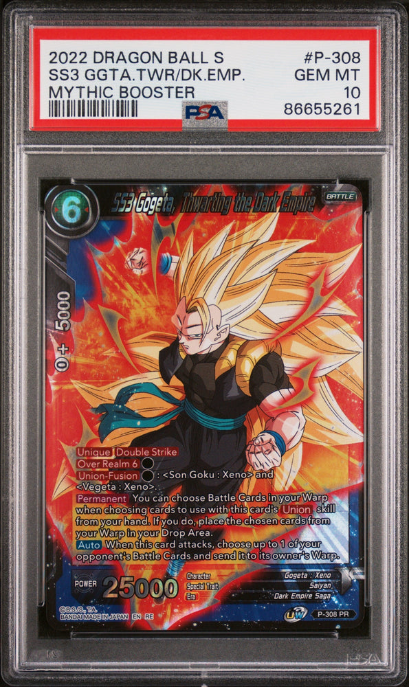 2022 DRAGON BALL SUPER MYTHIC BOOSTER SS3 GOGETA, THWRT/EMP #P-308 - PSA 10 (Online Order Only)