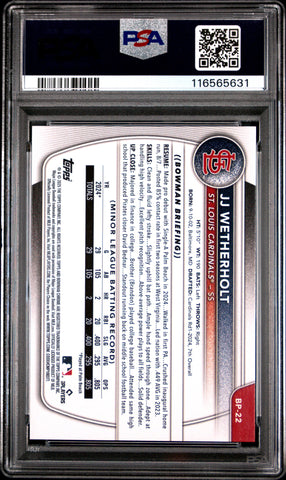 Graded 2025 Topps Bowman JJ Wetherholt #BP22 Paper Prospects Rookie RC Baseball Card PSA 10 Gem Mint (ONLINE ORDER ONLY)