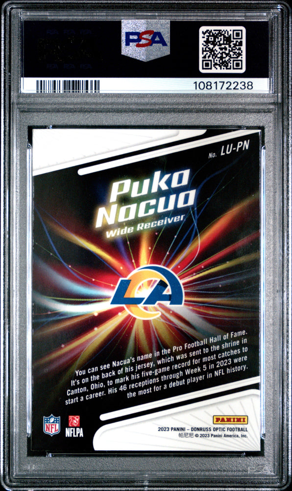Graded 2023 Panini Donruss Optic Puka Nacua #LUPN Light It Up Rookie RC Football Card PSA 10 Gem Mint (ONLINE ORDER ONLY)