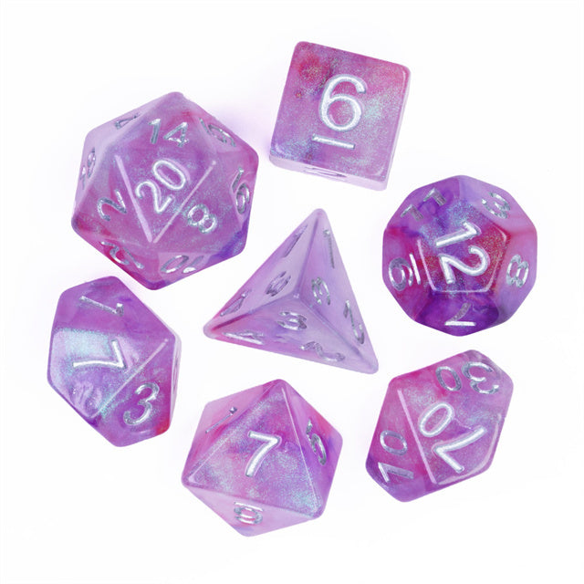 Resin Galaxy Purple 7-Dice Dnd Dice | Glitter w/Silver Numbers Set (Online Only)