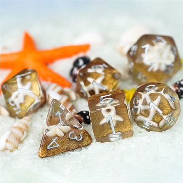 White Starfish Dice on Gold 7-Dice Set Resin Dungeons and Dragons Dice (Online Only)