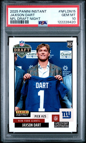Graded 2025 Panini Instant Jaxson Dart #NFLDN15 NFL Draft Night Rookie RC Football Card PSA 10 Gem Mint (ONLINE ORDER ONLY)