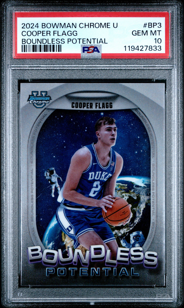 Graded 2024 Topps Bowman Chrome U Cooper Flagg #BP3 Boundless Potential Rookie RC Basketball Card PSA 10 Gem Mint (ONLINE ORDER ONLY)