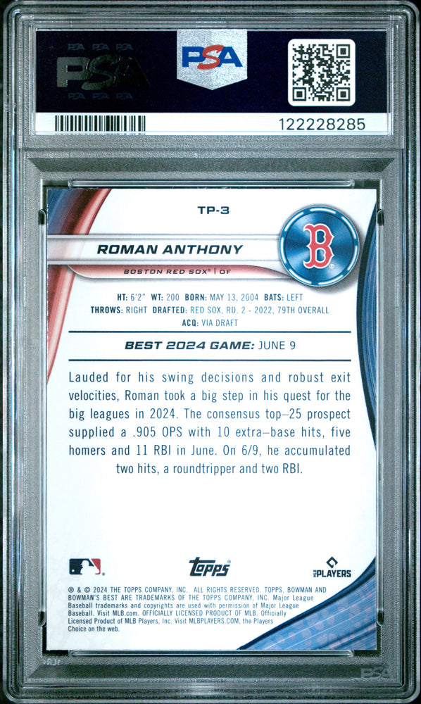 Graded 2024 Topps Bowmans Best Roman Anthony #TP3 Top Prospects Rookie RC Baseball Card PSA 9 Mint (ONLINE ORDER ONLY)