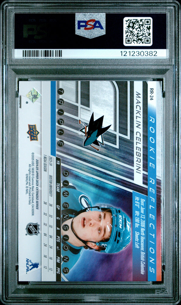 Graded 2024 Upper Deck Macklin Celebrini #RR24 Rookie Reflections Rookie RC Hockey Card PSA 10 Gem Mint (ONLINE ORDER ONLY)