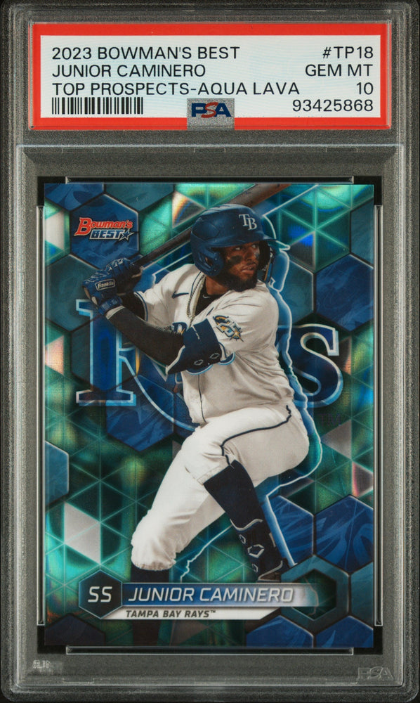 Graded 2023 Topps Bowmans Best Junior Caminero #TP18 Top Prospects Aqua Lava /199 Rookie RC Baseball Card PSA 10 Gem Mint (ONLINE ORDER ONLY)