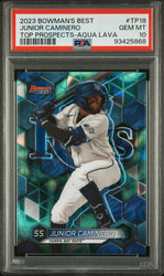 Graded 2023 Topps Bowmans Best Junior Caminero #TP18 Top Prospects Aqua Lava /199 Rookie RC Baseball Card PSA 10 Gem Mint (ONLINE ORDER ONLY)