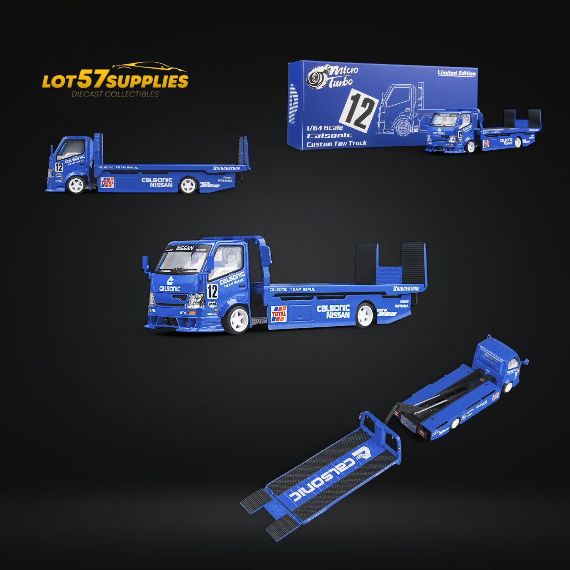 MicroTurbo HINO 300 Custom Truck Flatbed  Blue Calsonic Livery 1:64 (ONLINE ORDER ONLY)