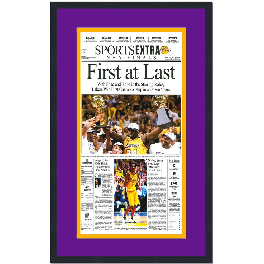 Framed Los Angeles LA Times Lakers First At Last 2000 NBA Finals Champions 14x22 Basketball Newspaper Cover Photo Professionally Matted (ONLINE ORDER ONLY)