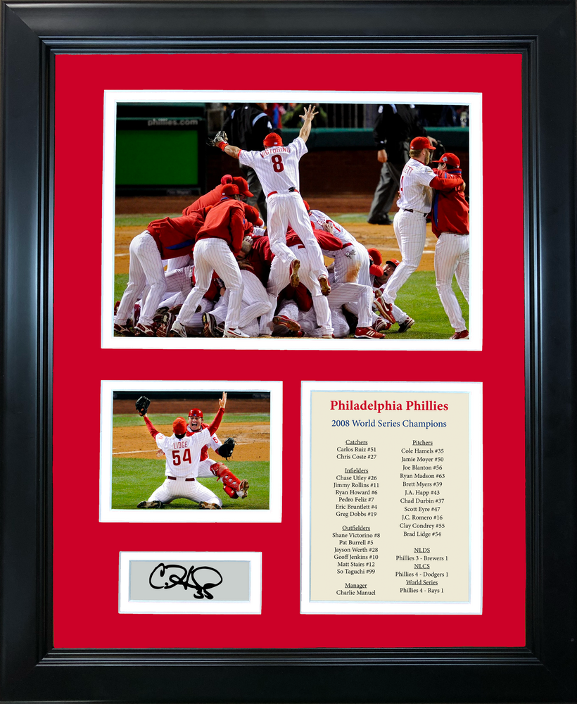Framed Philadelphia Phillies 2008 World Series Champions Facsimile Laser Engraved Cole Hamels MVP Signature Auto 11"x14" Baseball Photo Sig Collage (ONLINE ORDER ONLY)