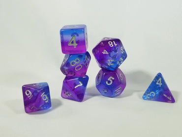 Purple & Blue Translucent Glitter Aurora Poly Dice Set (7) New Silver Numbers RPG DnD (Online Only)