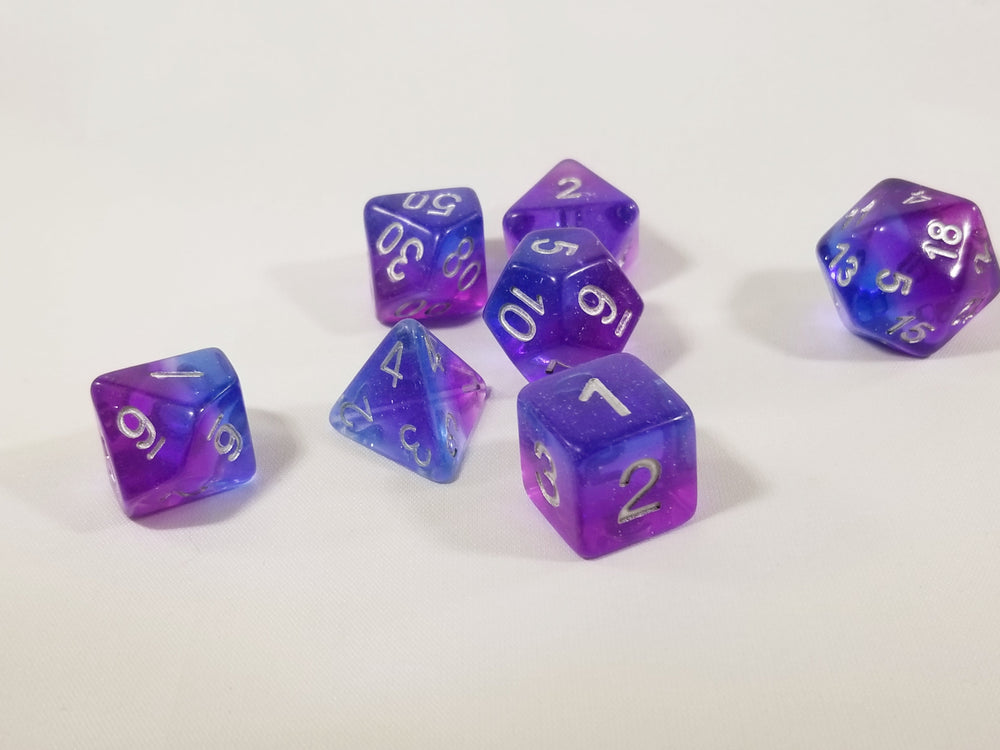 Purple & Blue Translucent Glitter Aurora Poly Dice Set (7) New Silver Numbers RPG DnD (Online Only)