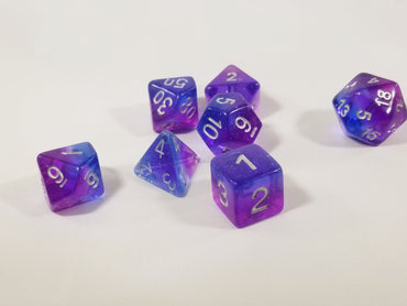 Purple & Blue Translucent Glitter Aurora Poly Dice Set (7) New Silver Numbers RPG DnD (Online Only)