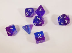 Purple & Blue Translucent Glitter Aurora Poly Dice Set (7) New Silver Numbers RPG DnD (Online Only)