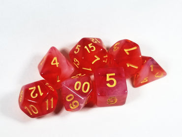 Milky 7-Dice Set Translucent w/Swirls and Gold Numbers by HDdice Red, Yellow, Green, Blue, and Purple (Online Only)