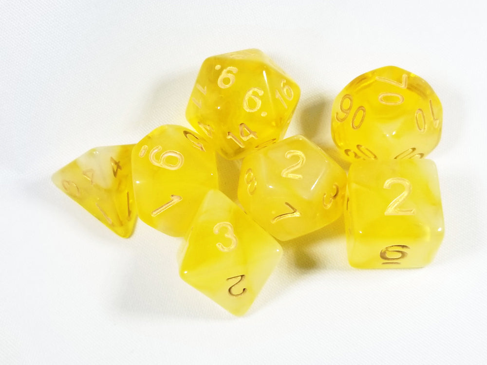 Milky 7-Dice Set Translucent w/Swirls and Gold Numbers by HDdice Red, Yellow, Green, Blue, and Purple (Online Only)