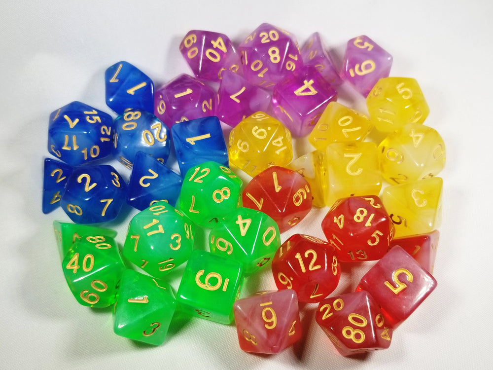 Milky 7-Dice Set Translucent w/Swirls and Gold Numbers by HDdice Red, Yellow, Green, Blue, and Purple (Online Only)