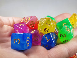 Milky 7-Dice Set Translucent w/Swirls and Gold Numbers by HDdice Red, Yellow, Green, Blue, and Purple (Online Only)