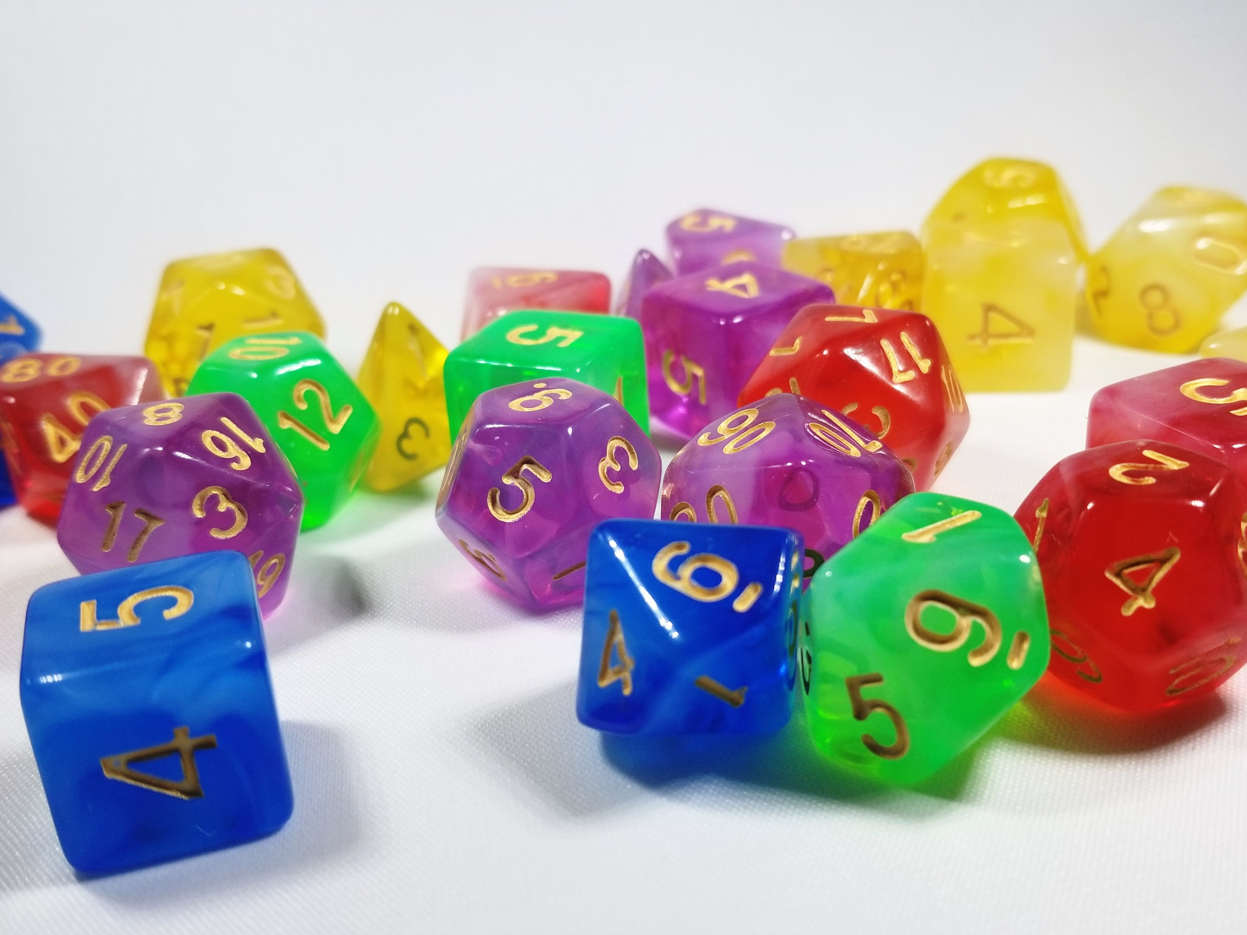Milky 7-Dice Set Translucent w/Swirls and Gold Numbers by HDdice Red, Yellow, Green, Blue, and Purple (Online Only)